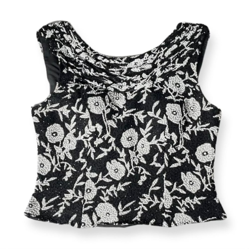'Cecily Brown' Black and White Beaded Top with Floral Design size Large - Picture 4 of 13